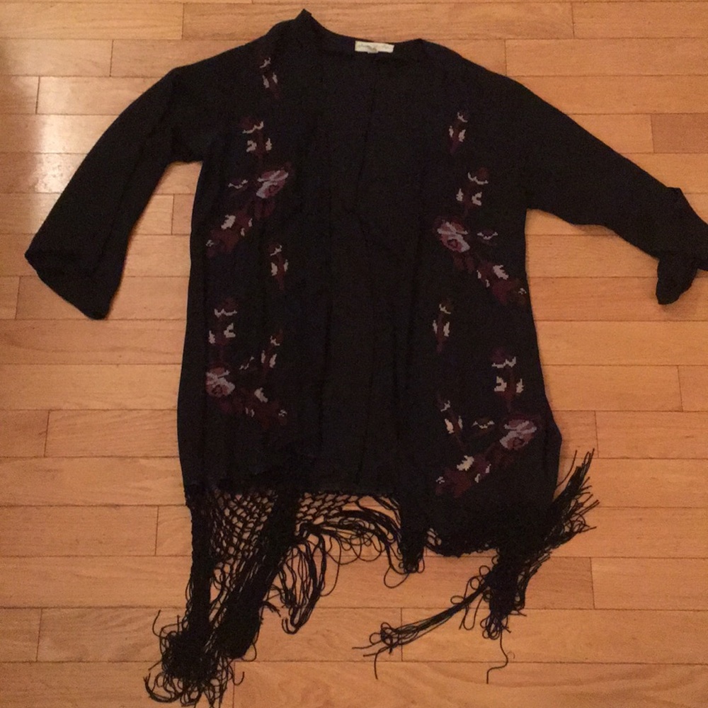 Black Embroidered Kimono with Fringe On the End